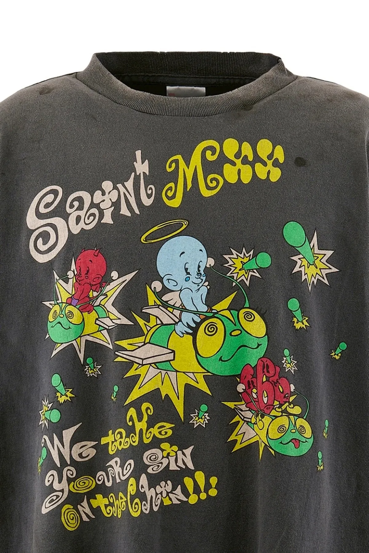 SAINT Mxxxxxx SS TEE/SAINT MX6/BLK Little devil bee distressed TEE, washed black S-XL OE yarn tube fabric, no side seams, Assute garment dyeing, heavy washing, water fading, old hole treatment, correct version, original consistent main mark/wash mark/cherub mark, original consistent printing restoration, distressed treatment, top purchasing agent level